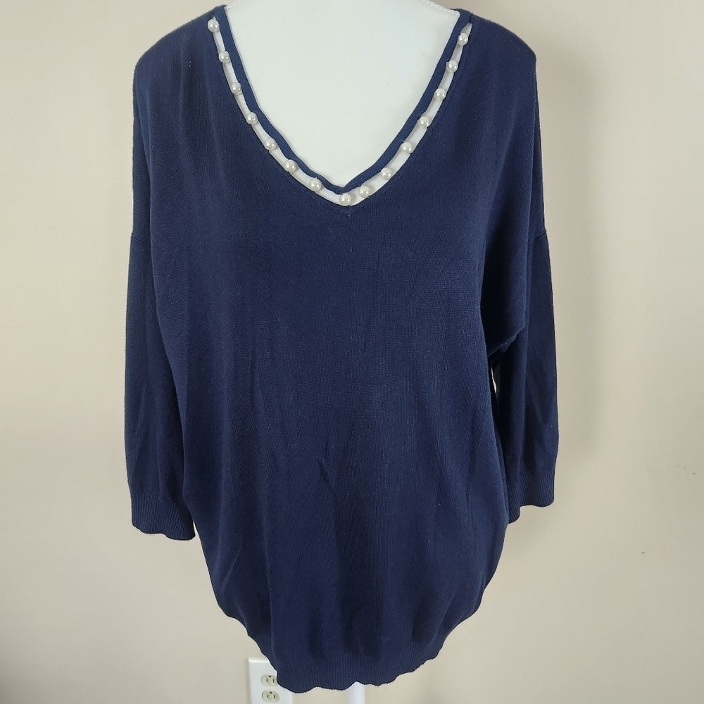 Ryan Wythe Designer V-neck with pearl accent size 2x navy blue sweater dress